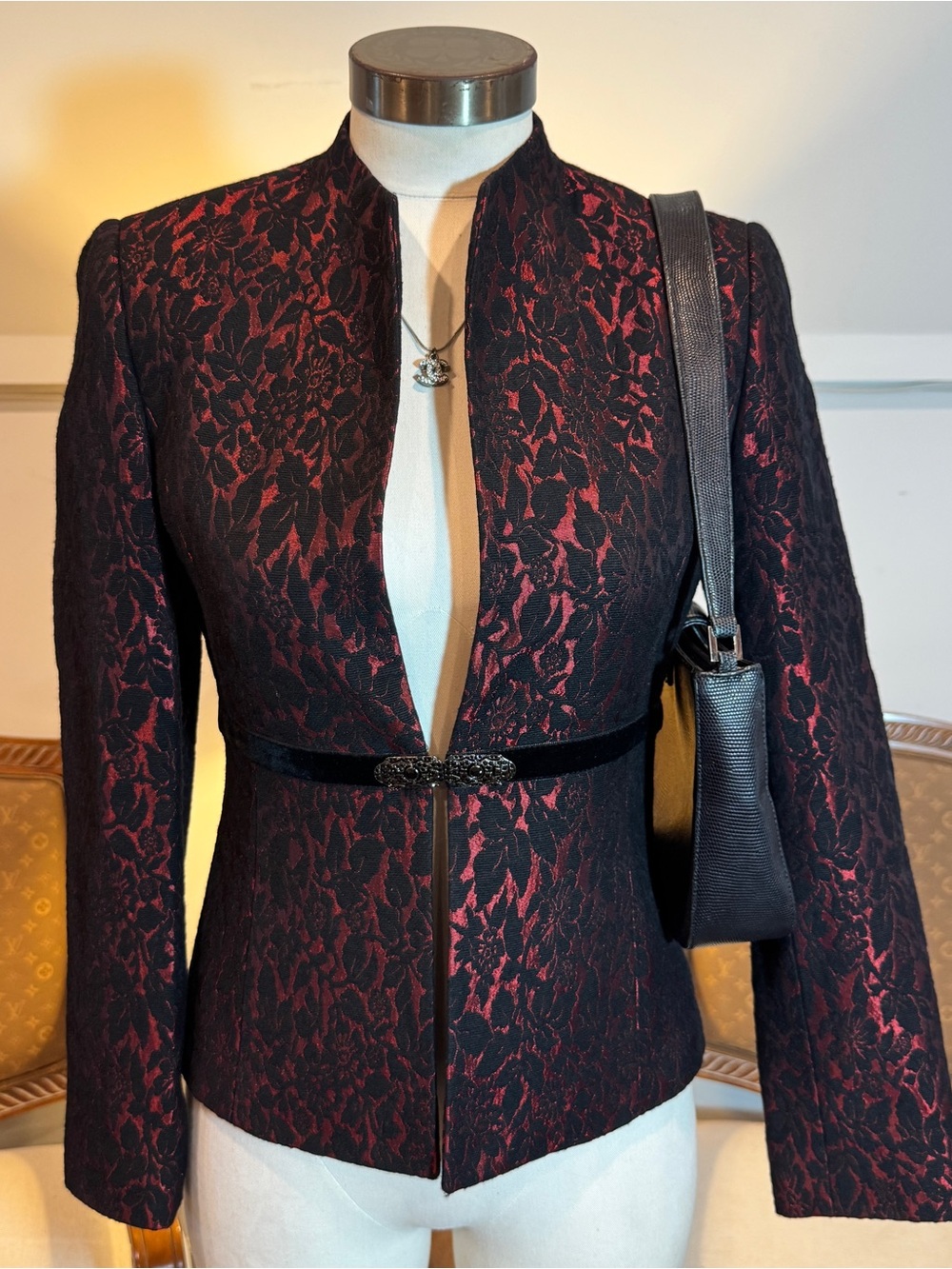 Tahari Black & Red Lace-Overlay Wool Tailored Blazer Jacket Velvet Belt Detai